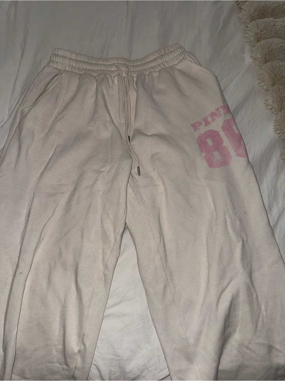 PINK Victoria's Secret Cream Joggers with Pink '86' Graphic